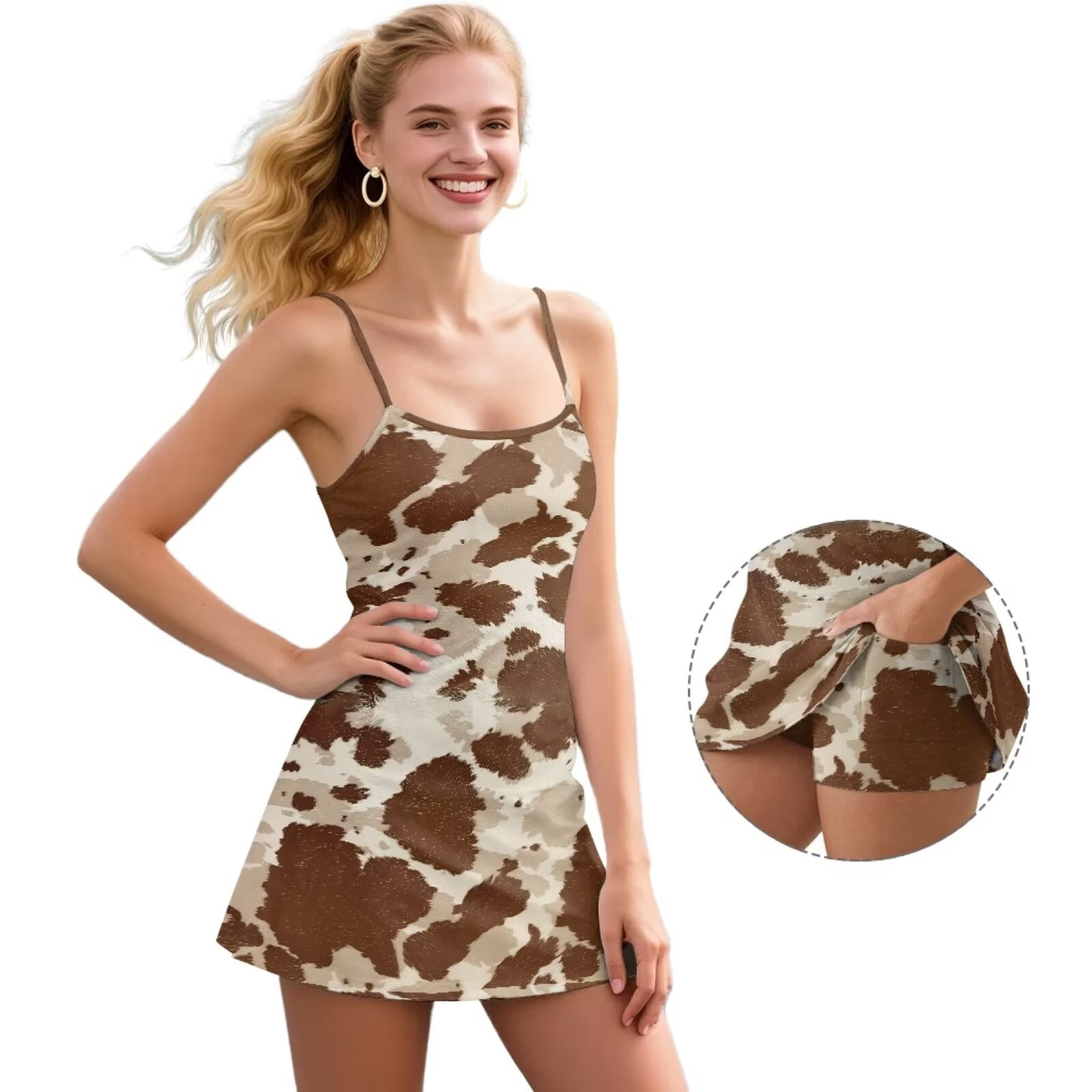 Psesaysky Womens Athletic Dress Brown Cowhide Print Summer Tennis Golf Dresses Built in Shorts Romper Active Graduation Elegant Outfit, Size S