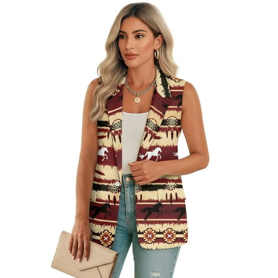 Psesaysky Womens Casual Suit Vest Tribe Horse Print Loose Fit One Button Waistcoat Sleeveless Blazer Jackets Dressy Blazers Vest Tops, Size 5XL
