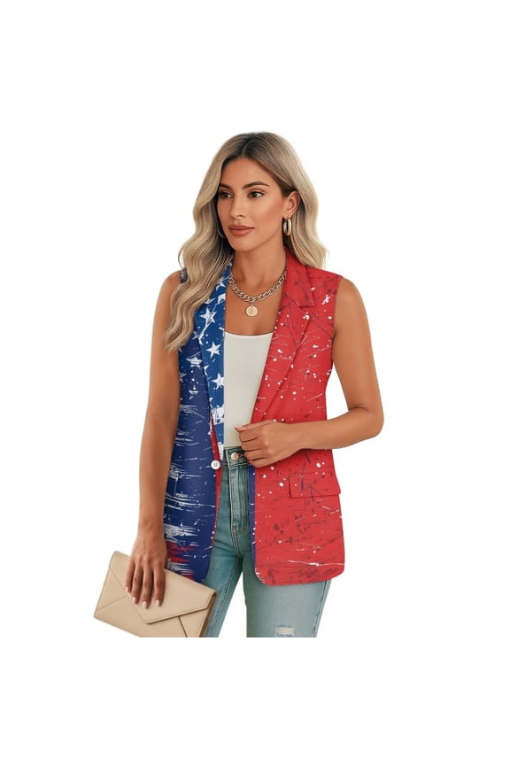 Womens Casual Vest Vintage USA Flag Print Sleeveless Blazer Single Button Front Jacket Office Notched Lapel Trendy Blazers with Pockets, Size 2XL