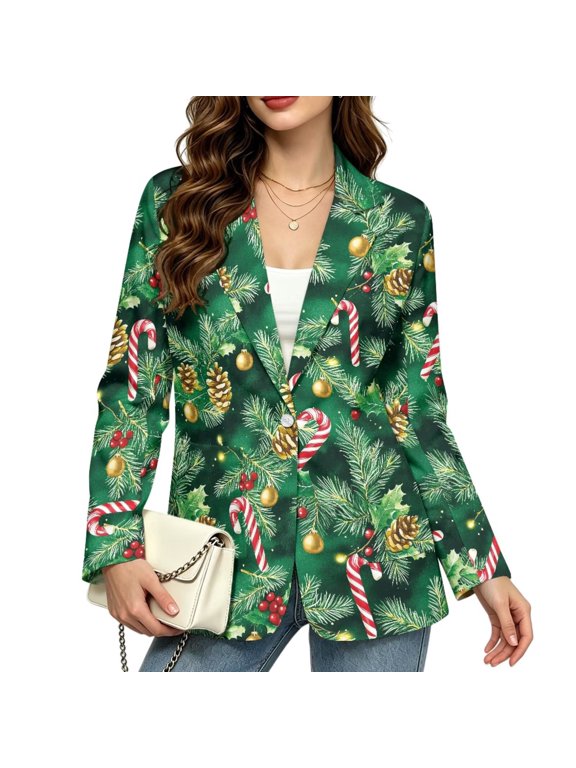 Womens Christmas Blazers Dressy Casual One Button Jackets Candy Cane Work Office Coat Outwear One Button Green Blazer for Women 2026 Professional Suit Jacket with Notch Lapel Pockets