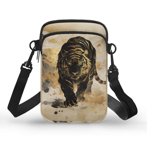 Psesaysky Womens Cross Body Bag with Golden Tiger Pattern, Adjustable Strap Small Purse for Daily Use and Hiking
