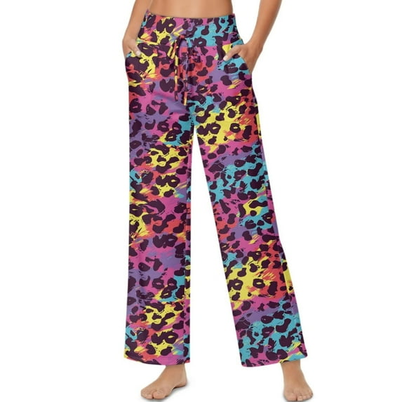 Psesaysky Womens Elastic Waisted Palazzo Pants Casual Wide Leg Pants Multicolor Leopard Printed Long Lounge Pant Trousers with Pocket, Size 2XL