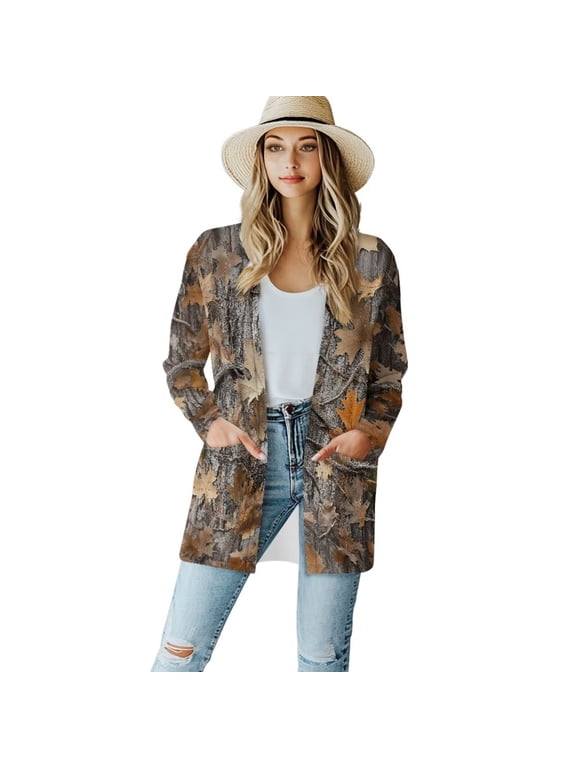 Womens Gold Maple Leaves Camo Hunting Long Sleeve Cardigan Kimono Coverups for Ladies Classic Open Front Cardigans Drape Fall Long Sleeve Sweater Outwear Loose Coats