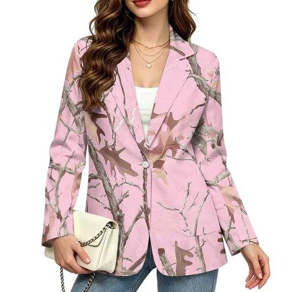Psesaysky Womens Pink Camo Hunting Blazers for Work Office Casual Suit Jackets, Open Front Long Sleeve Business Blazer with Pockets, Oversized Boyfriend One Button Coat, Stretch Dressy Party Blazers