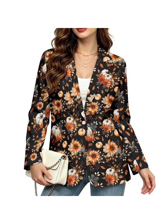 Womens Pumpkins Sunflower Blazer Fall Suit Jacket Business Casual Long Sleeve Holiday Blazers Stretch Lapel Collar Open Front Office Work Jackets with Pockets for Winter Fall Outfits