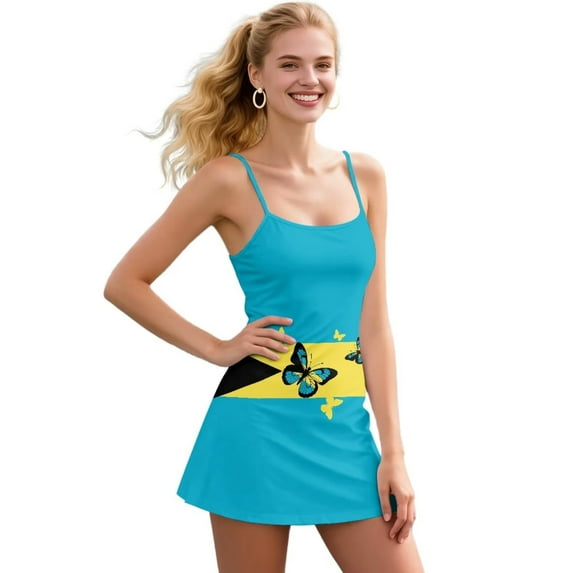 Psesaysky Womens Square Neck Athletic Dress Sleeveless Bahamas Flag Butterfly Print Tennis Golf Exercise Mini Dresses Trendy Summer Outfits, Size L