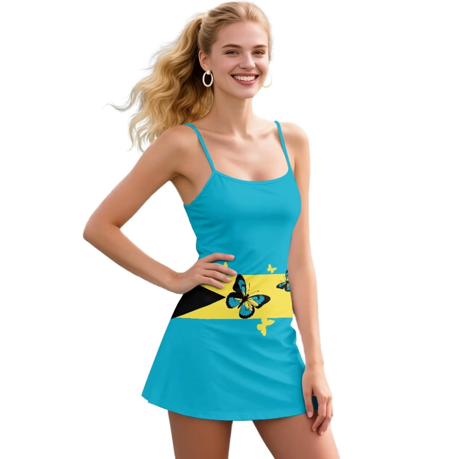 Psesaysky Womens Square Neck Athletic Dress Sleeveless Bahamas Flag Butterfly Print Tennis Golf Exercise Mini Dresses Trendy Summer Outfits, Size XL
