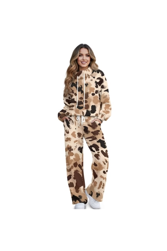 Womens Sweatsuits 2 Piece Sets Leopard Print Travel Outfits Trendy Drawstring Fall Matching Lounge Set Oversized Sweatshirt Wide Leg Pants, Size XS