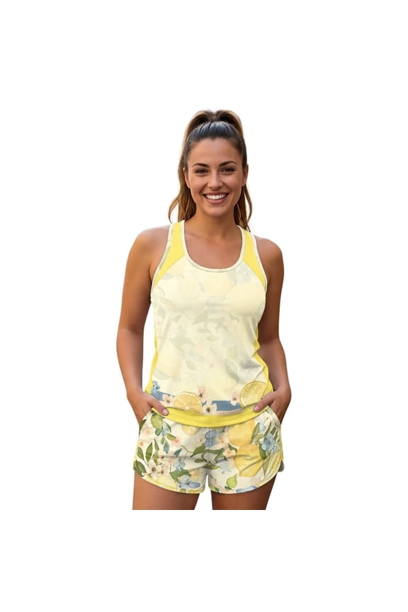 Womens Tankini Swimsuits with Shorts & Pockets - Yellow Lemon Two Piece Tummy Control Bathing Suits High Neck Swimwear