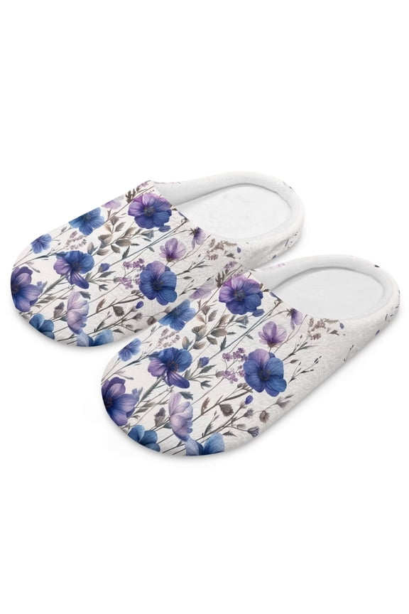 Womens Winter House Slippers Purple Poppy Flower Print Lightweight Closed Toe Indoor Slippers Cotton House Shoes, Size 6-7