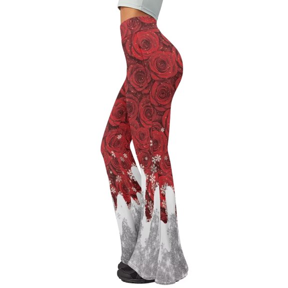 Psesaysky Xmas Rose Snowflake Flare Leggings for Women High Waisted Tummy Control Holiday Party Yoga Pants Bootcut Wide Leg Bell Bottoms for Holiday