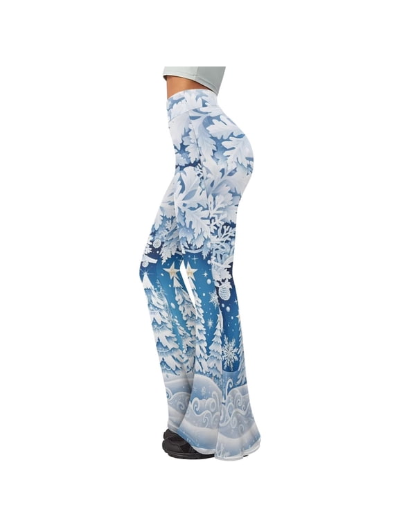 Xmas Tree Snowflake Printed Women's Bootcut Leggings Soft Comfort Tummy Control Holiday Party Yoga Pants High Waisted Flare Wide Leg Legging for Outdoor Walking