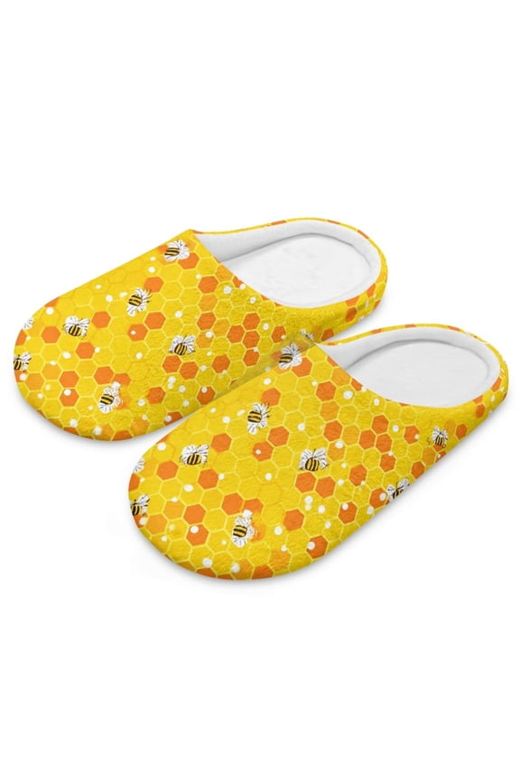 Yellow Honeycomb Bees Print House Slippers for Women Comfortable Non-slip Indoor Slippers Closed Toe Soft Bedroom Shoes, Size 7.5-8.5