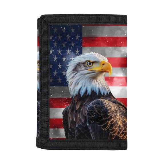 Psesaysky Youth Wallet Eagle American Flag Print Magic Stiker Small Purse for Sports, Polyester Lightweight Trifold Card Wallet