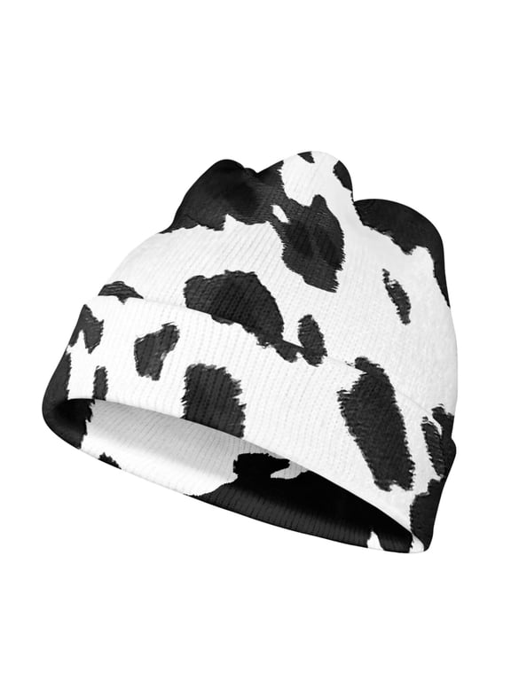 Youth Warm Beanie Hat - Black Cowhide Print Boys Girls Windproof Fleece Winter Hat Kids Soft Beanies Hats