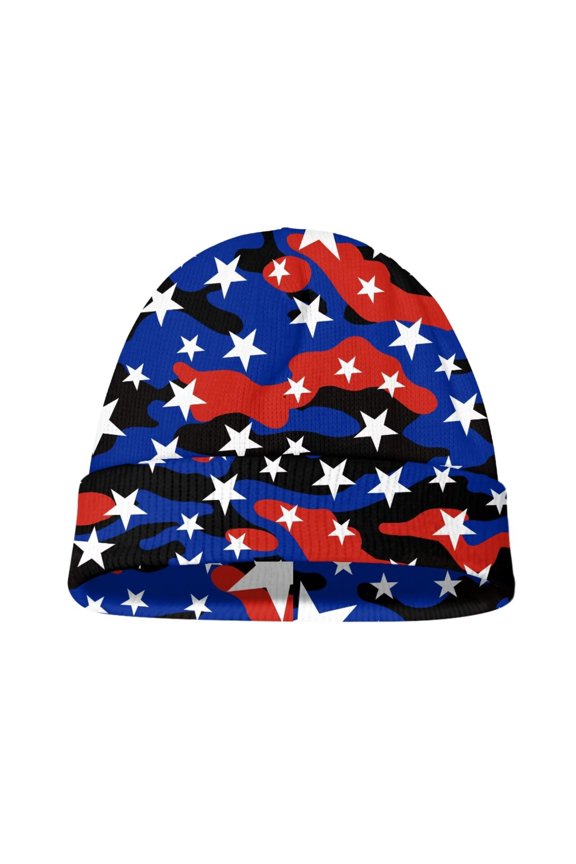 Youth Warm Beanie Hat - Blue Red Stars Print Boys Girls Windproof Fleece Winter Hat Kids Soft Beanies Hats