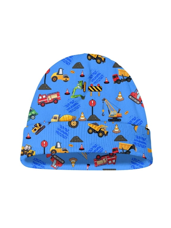 Youth Warm Beanie Hat - Cartoon Construction Vehicle Print Boys Girls Windproof Fleece Winter Hat Kids Blue Soft Beanies Hats