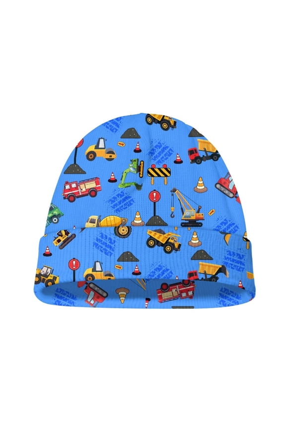 Youth Warm Beanie Hat - Cartoon Construction Vehicle Print Boys Girls Windproof Fleece Winter Hat Kids Blue Soft Beanies Hats