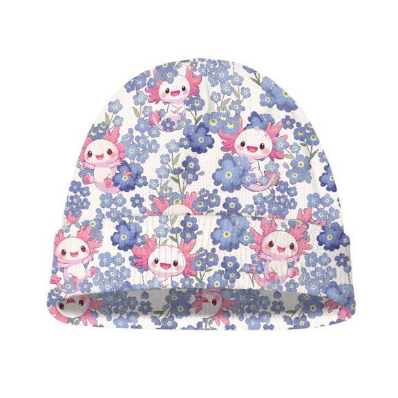 Psesaysky Youth Warm Beanie Hat - Cute Axolotl Floral Print Boys Girls Windproof Fleece Winter Hat Kids Soft Beanies Hats