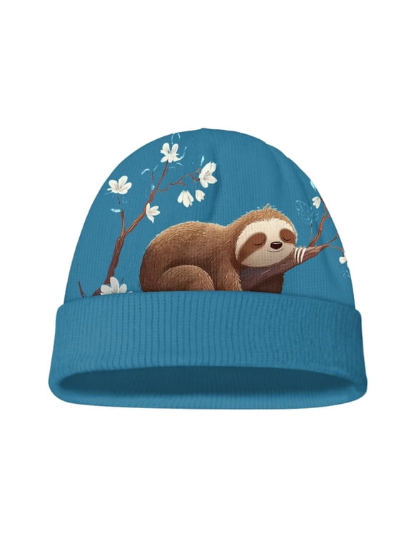 Youth Warm Beanie Hat - Cute Sloth Print Boys Girls Windproof Fleece Winter Hat Kids Soft Beanies Hats