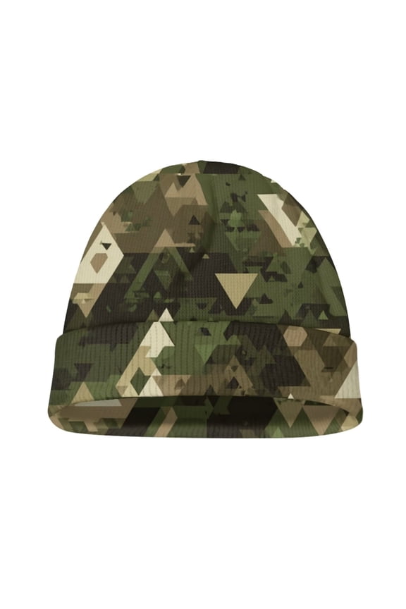 Youth Warm Beanie Hat - Green Camo Geometry Print Boys Girls Windproof Fleece Winter Hat Kids Soft Beanies Hats