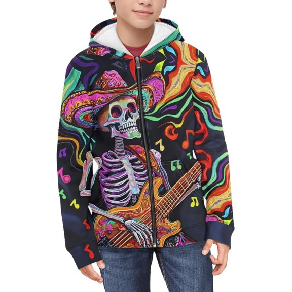 Psesaysky Zip Up Hoodies Teen Boys Mexican Skeleton Guitarist Print Fleece Full-Zip Sweatshirts Jacket Casual Winter Fall Hoodie with Pocket 11-13 Years