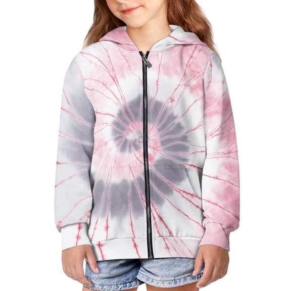Psesaysky Zip Up Hoodies for Girls Teen Pink Tie-dye Print Fleece Full-Zip Sweatshirts Jacket Casual Winter Fall Hoodie with Pocket 6-7 Years