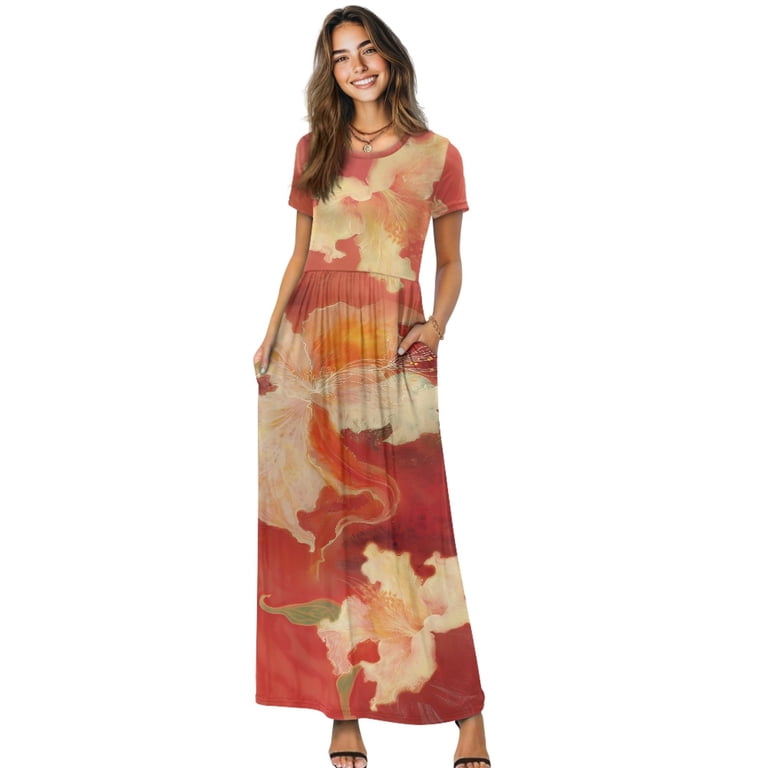 flowy dress designs Psesaysky with Pockets Short Sleeve Maxi Dress, Autumn Floral Design Sweat Wicking Women Short Sleeve Maxi for Travel Summer Weekend High Slit Prom Dress