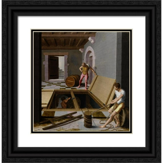 Pseudo-Félix Chrétien 15x15 Black Ornate Wood Framed Double Matted Museum Art Print Titled - Scene in a Wine Cellar (1537)