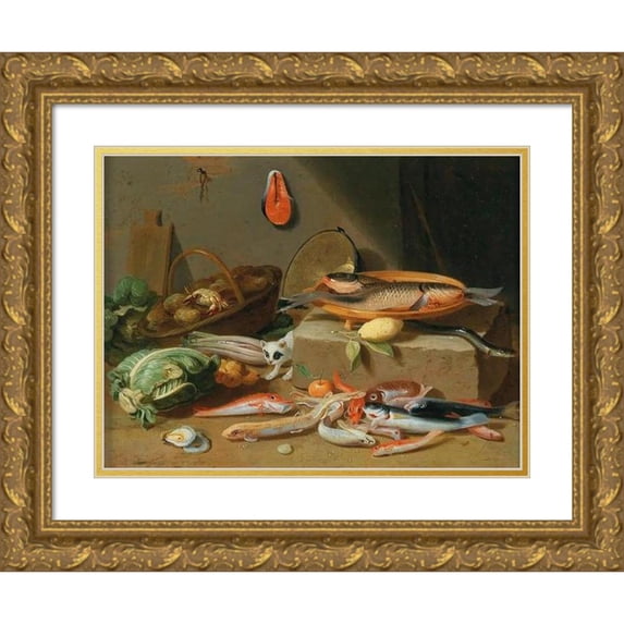Pseudo Jan van Kessel II 18x14 Gold Ornate Wood Frame and Double Matted Museum Art Print Titled - A Kitchen Still Life with Fish, Vegetables and a Cat