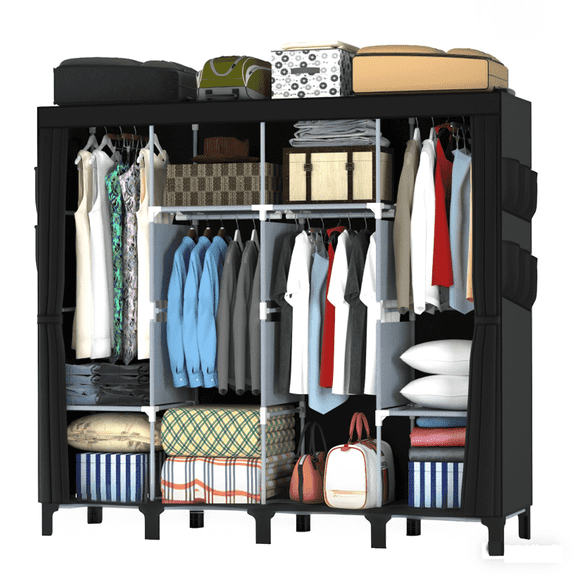 Pshun Righ Portable Closet Wardrobe, 67 inch Modern Storage Organizer, 4 Hanging Rods, 8 Shelves, for Adult Bedroom, Black
