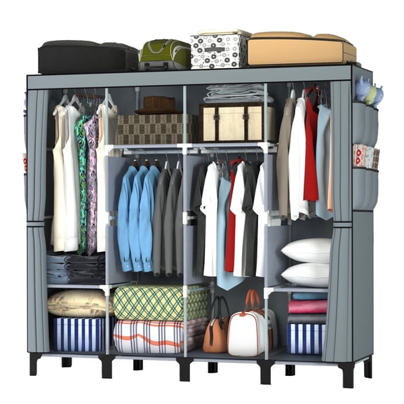 Pshun Righ Portable Closet Wardrobe, 67 inch Modern Storage Organizer, 4 Hanging Rods, 8 Shelves, for Adult Bedroom, Gray