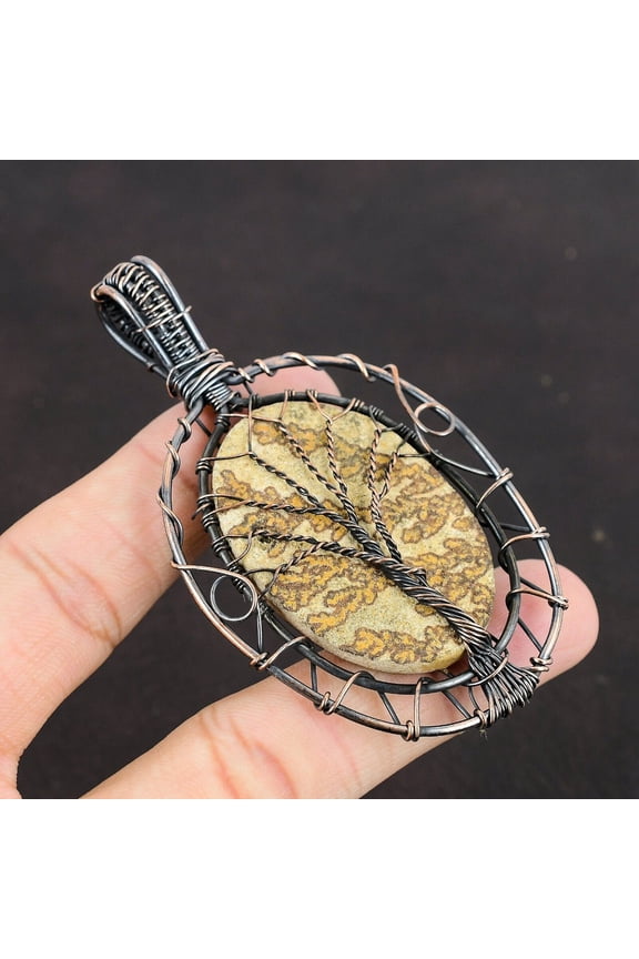 Psilomelane Dendrite Wire Wrapped Tree Of Life Pendant Copper For Women 3.43"