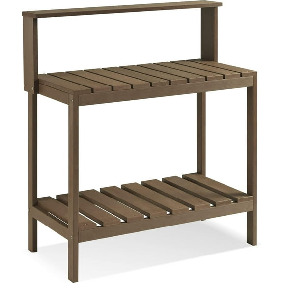 Psilvam Outdoor Poly Lumber Potting Bench, Polystyrene Garden Table with Storage Shelves, All-Weather Patio Work Station for Gardening(Brown)