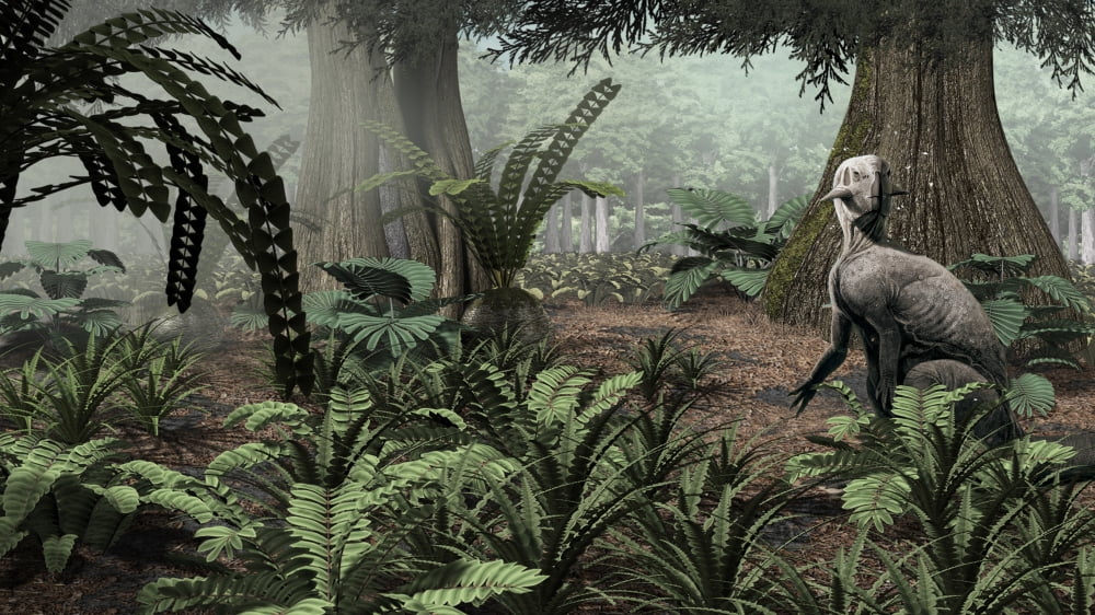 Psittacosaurus sinensis rests on his haunches in a Cretaceous forest Canvas Art - Roman Garcia MoraStocktrek Images (19 x 11)