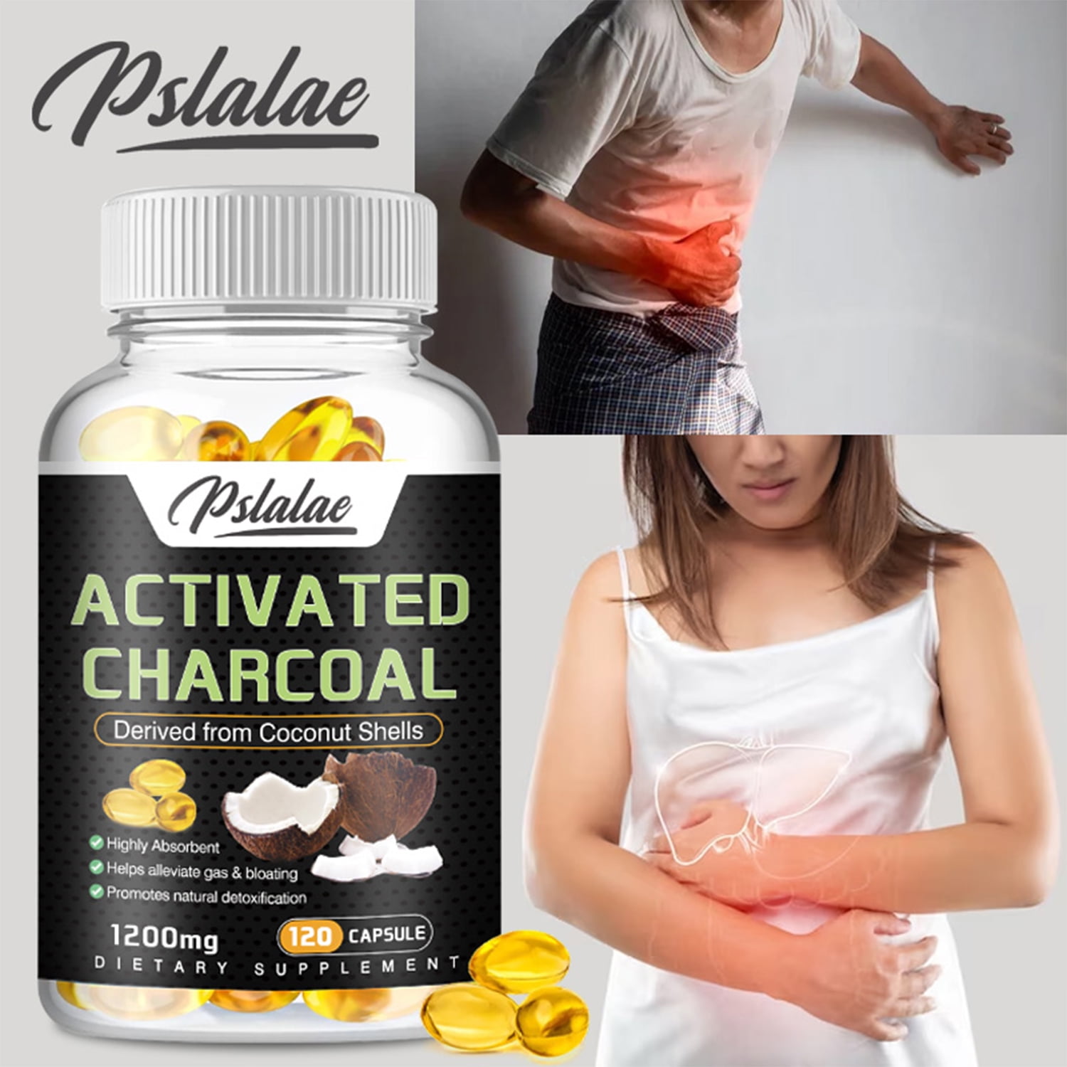 Pslalae Activated Charcoal Capsules 1200mg Body Cleansing, Relieve