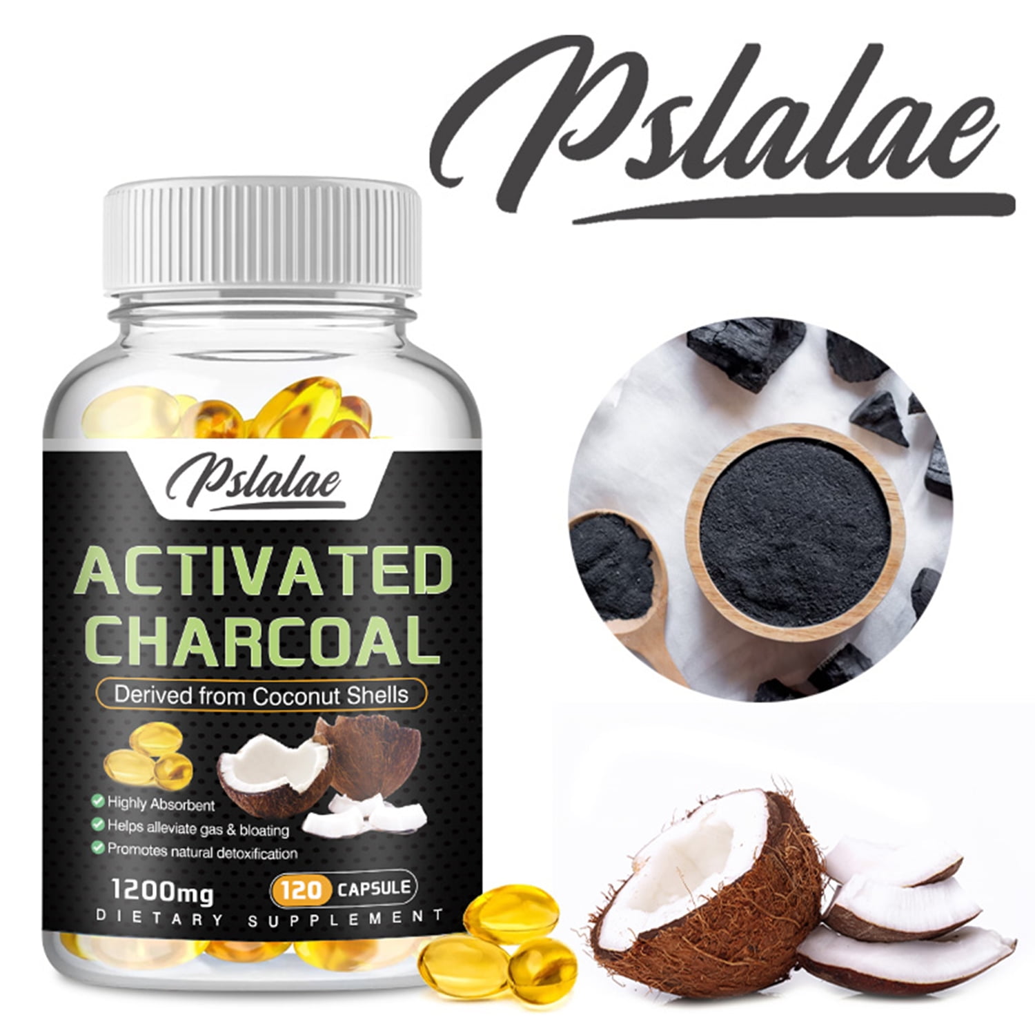 Pslalae Activated Charcoal Capsules 1200mg Highly Absorbent, Relieve