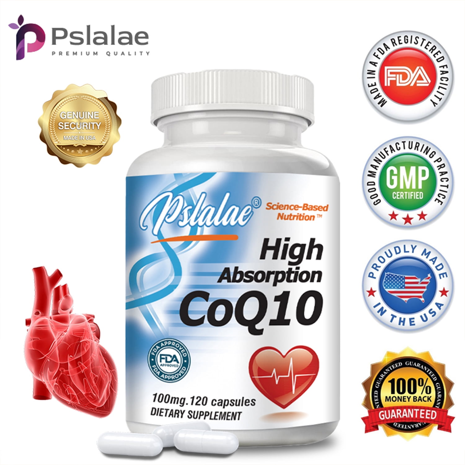 Pslalae High Absorption CoQ10 Capsules 100mg -Supports Heart Health ...