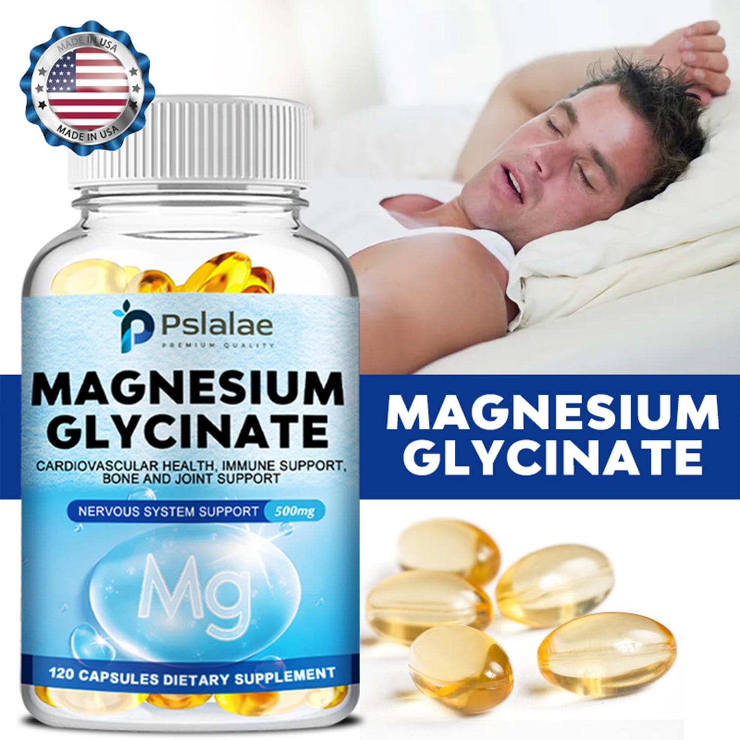 Pslalae Magnesium Glycinate 500mg Sleep Support, Muscle Relaxation