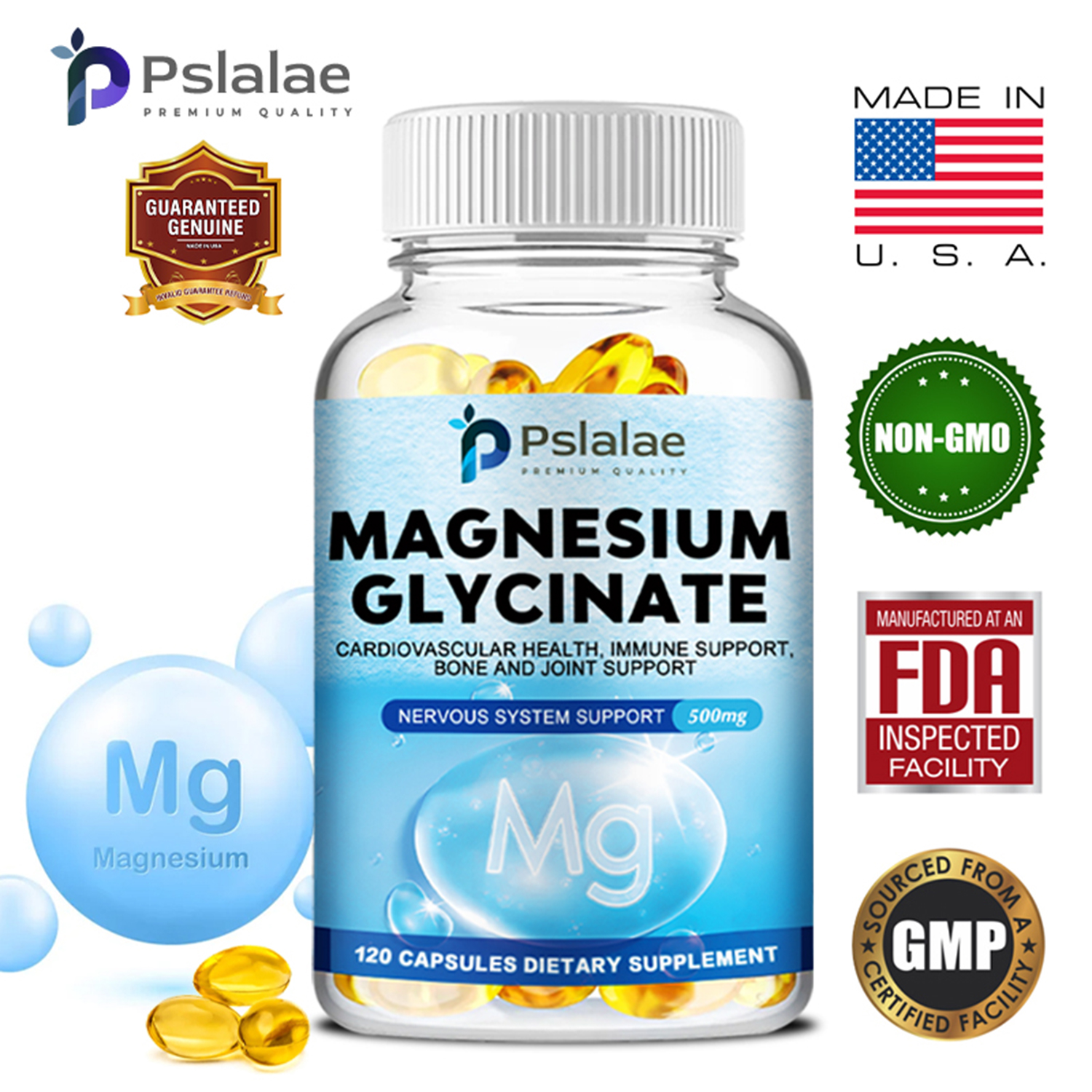 Pslalae Magnesium Glycinate 500mg Sleep Support, Muscle Relaxation