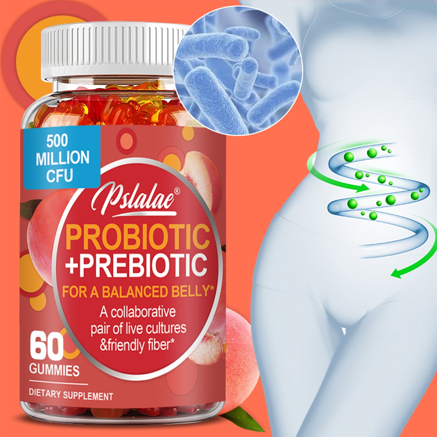 Pslalae Probiotics + Prebiotics Fiber Gummies Relieve Gas, Bloating