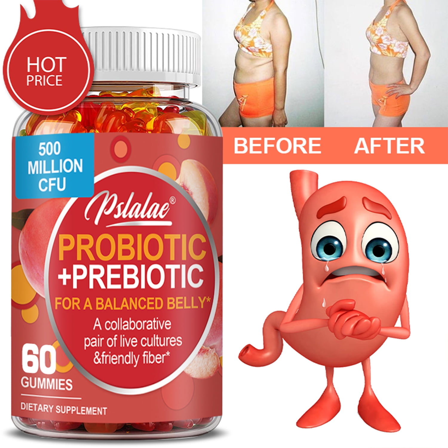 Pslalae Probiotics + Prebiotics Fiber Gummies Relieve Gas, Bloating