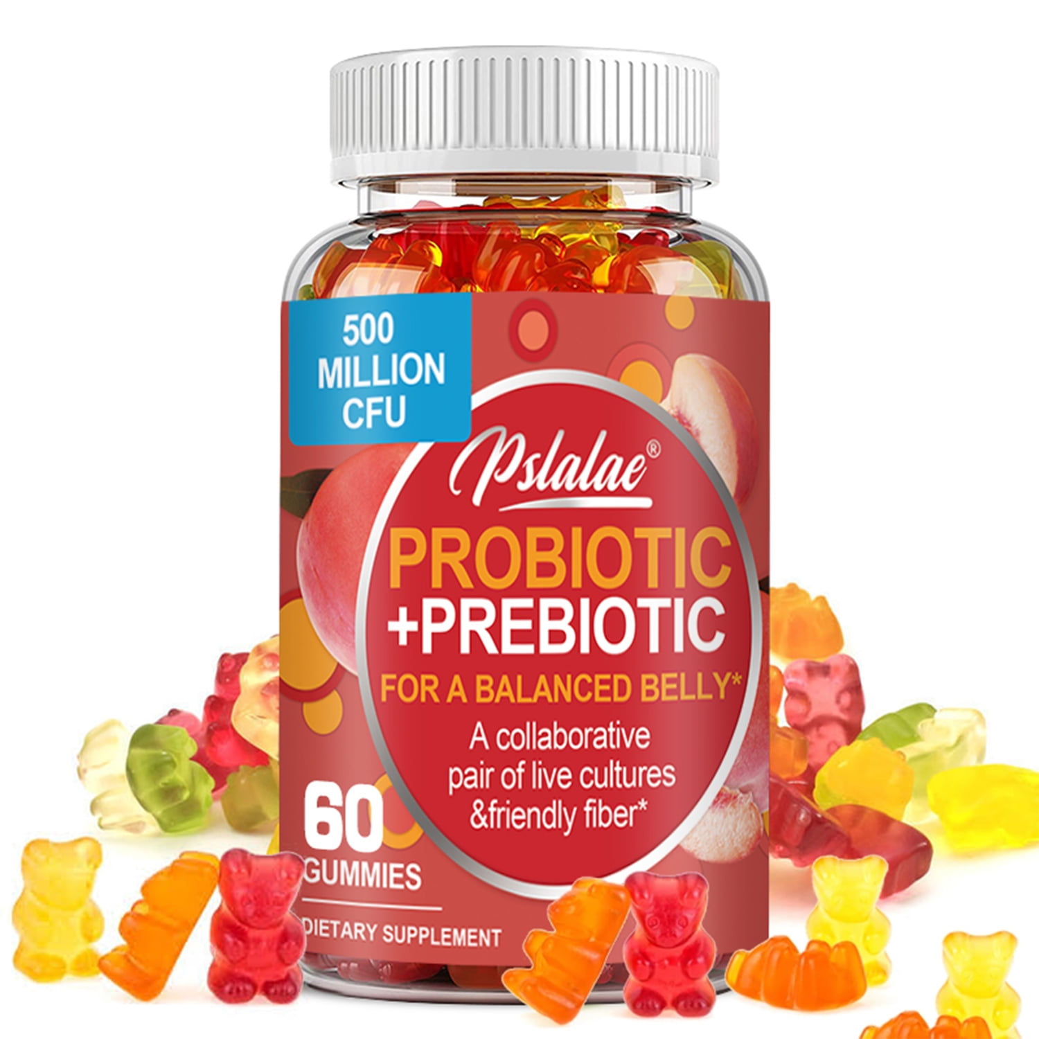 Pslalae Probiotics + Prebiotics Fiber Gummies Relieve Gas, Bloating