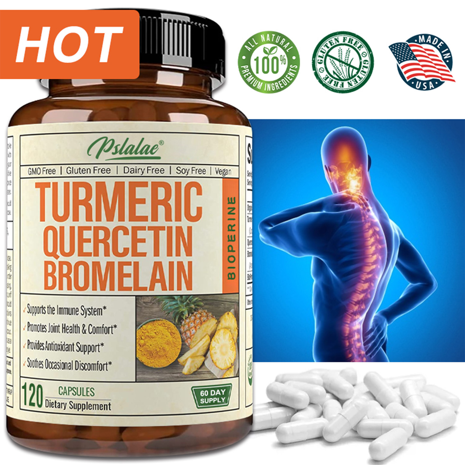 Pslalae Turmeric Quercetin Bromelain with 95 Curcuminoids Bone