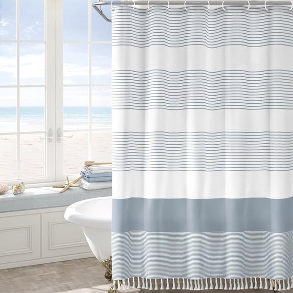 Psoiuetr Boho Light Blue Shower Curtain for Bathroom Stripe Tassel Fabric Shower Curtain 72 X 72 Inches Farmhouse Linen