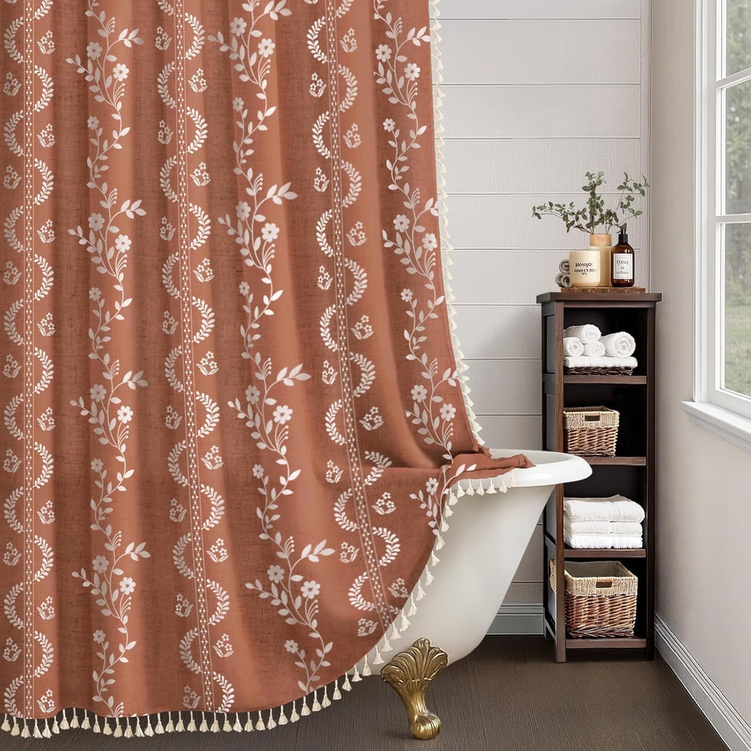 Psoiuetr Vintage Boho Terracotta Shower Curtain, Floral Patterned Shower Curtains for Bathroom with Tassels 72" W x 72" L