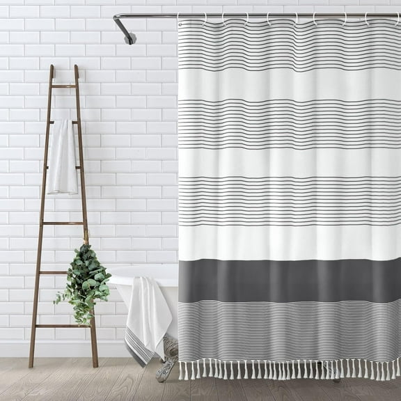 Psoiuetr Boho Dark Gray Shower Curtain for Bathroom Stripe Tassel Fabric Shower Curtain 72 X 72 Inches Farmhouse Linen