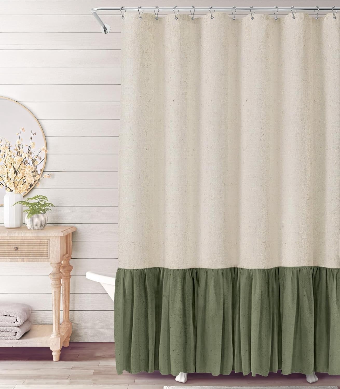Psoiuetr Farmhouse Shower Curtain Ruffle Linen Textured Boho Shower Curtain for Bathroom, Sage Green 72" W x 72" L