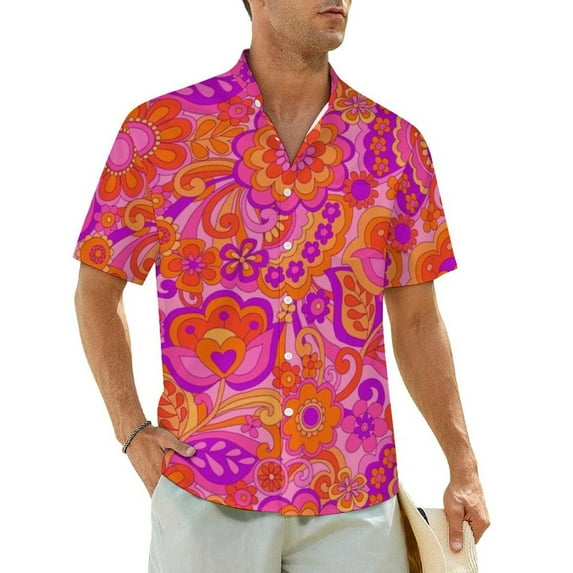 Psychedelic 60s Hawaiian Shirt For Men Beach Flower Power Print Casual Shirts Short Sleeve