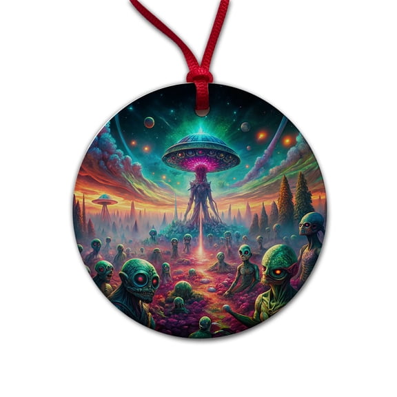 Psychedelic Alien Invasion Vibrant Colors Christmas Tree Holiday Round Ceramic Ornament